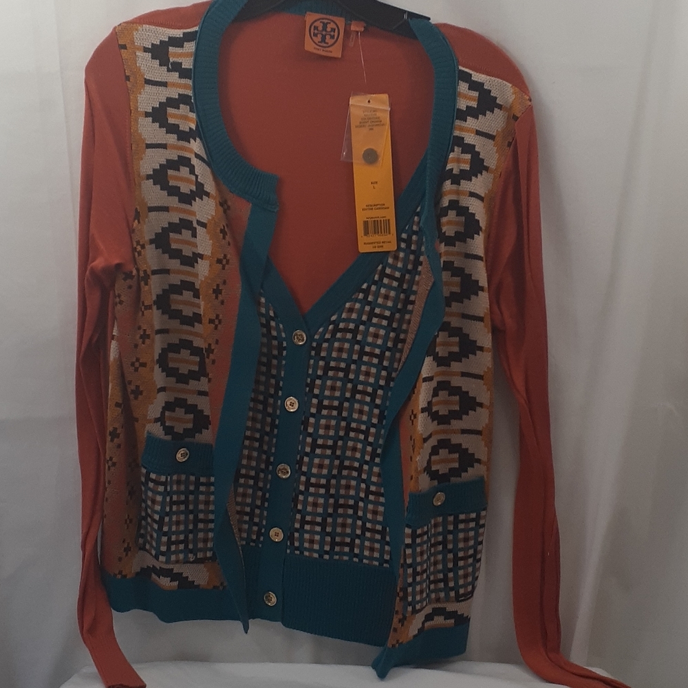 Tory Burch Orange & Teal Patterned Cardigan Sweater - Picture 5 of 9